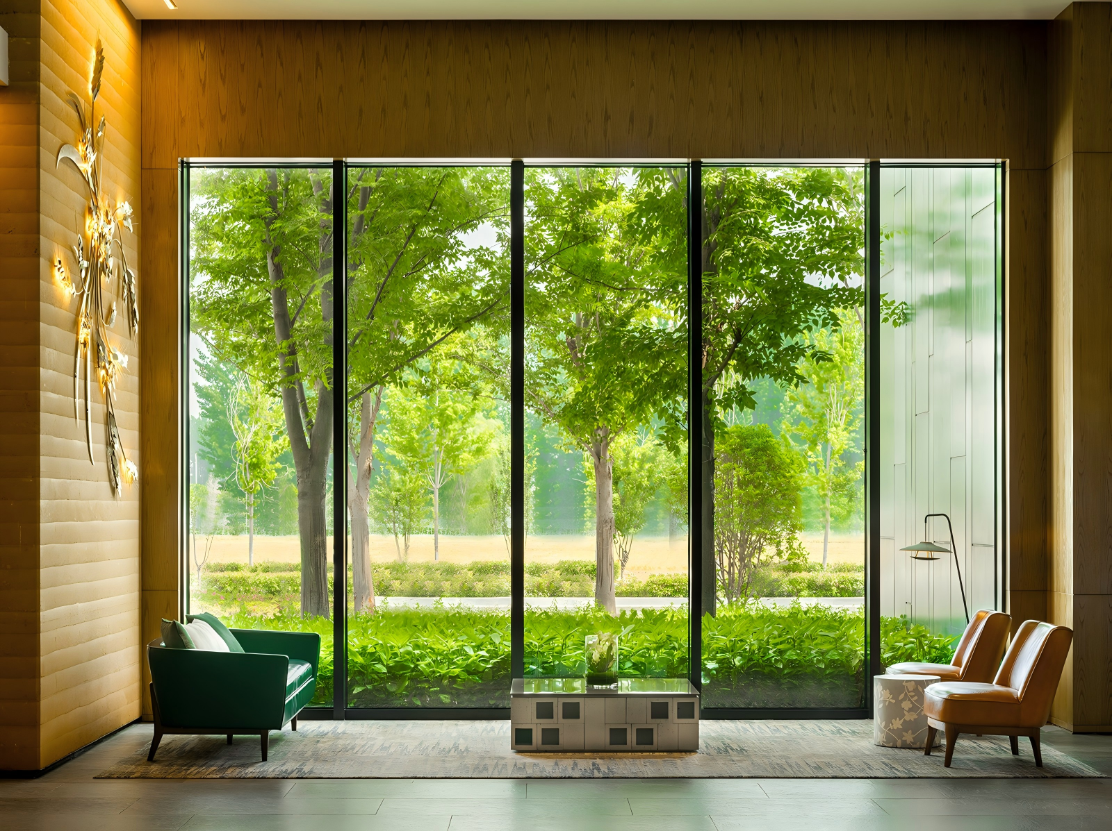 4hotel lounge with garden view and custom seating Hotel interior design ideas lobby view