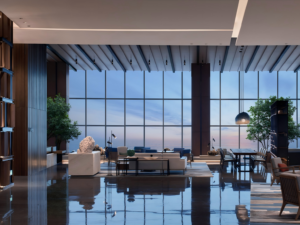 6modern resort lounge with floor to ceiling windows Hotel Room Interior resort lounge view