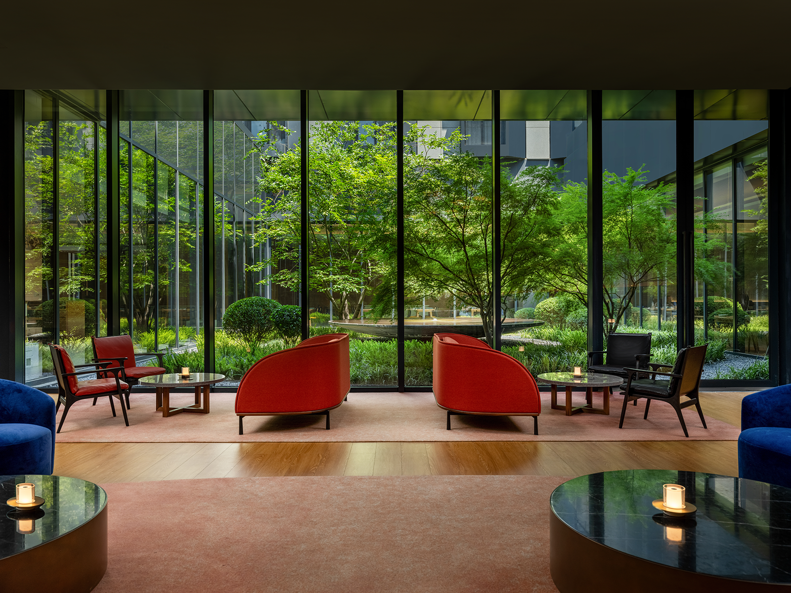 7modern hotel lounge with garden view furniture Hotel interior design ideas lounge view