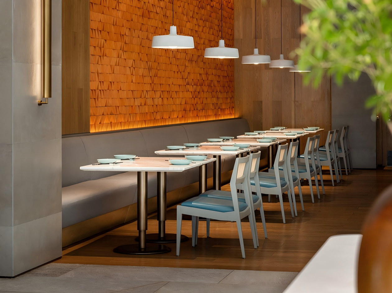 8warm wood restaurant with custom banquette seating Hotel interior design ideas restaurant dining