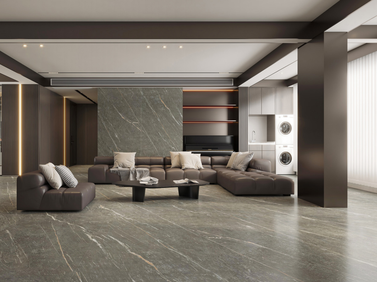 Panoramic Sintered Stone Application Natural stone wall and floor finish in modern living room
