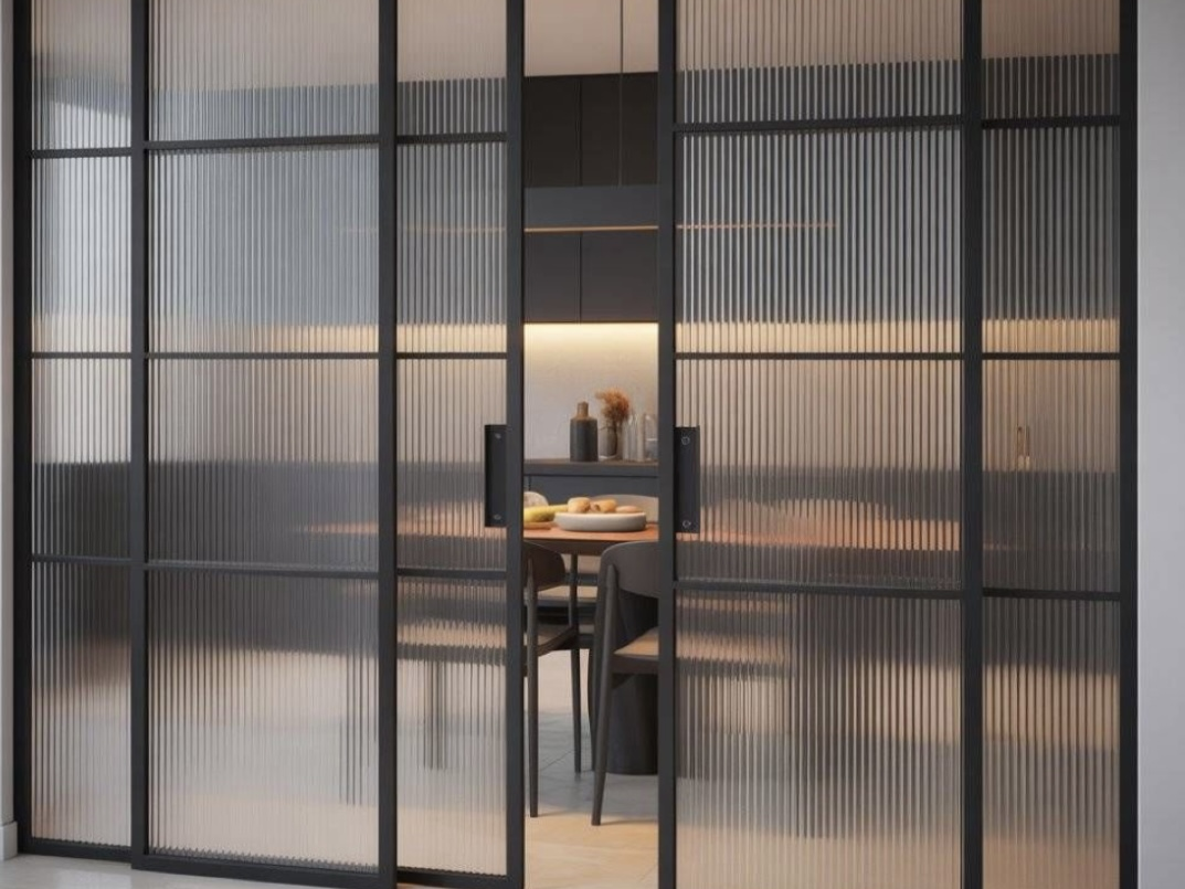 black frame fluted glass sliding door modern kitchen divider