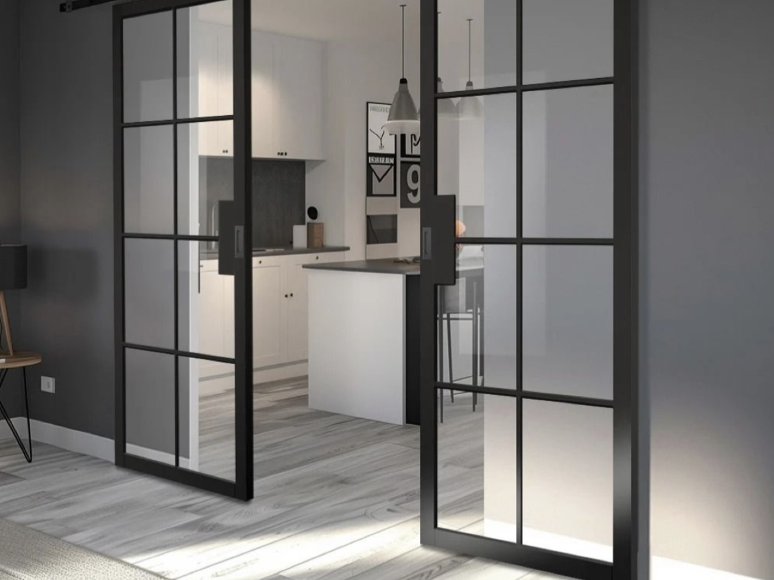 black frame glass sliding door modern kitchen partition