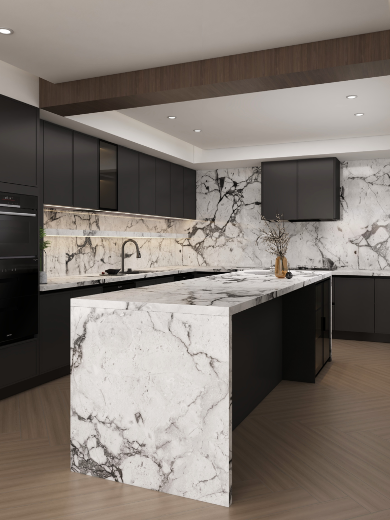 black kitchen island marble waterfall countertop detail 1