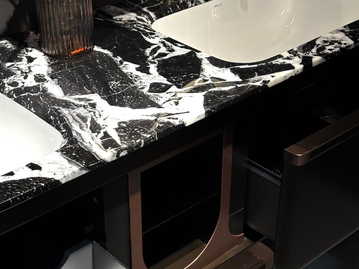 black marble bathroom vanity countertop detail