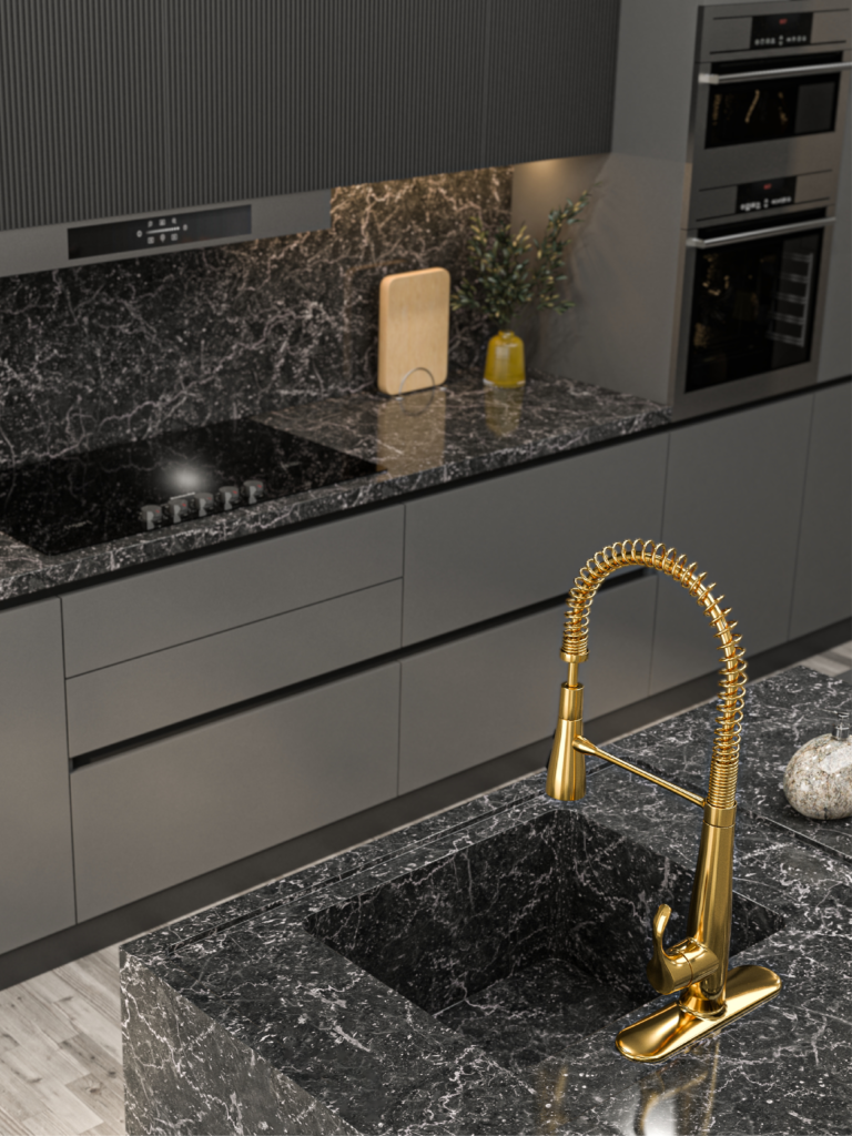 black marble kitchen countertop with gold faucet detail