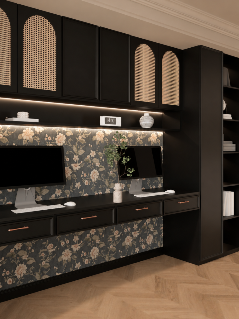 black rattan wall cabinet with home office storage