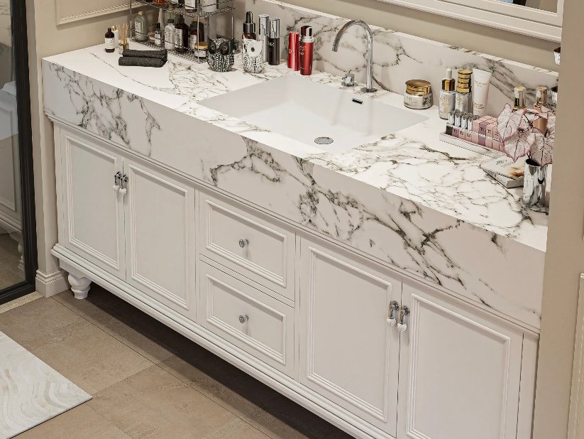 classic bathroom vanity with marble sink and storage drawers