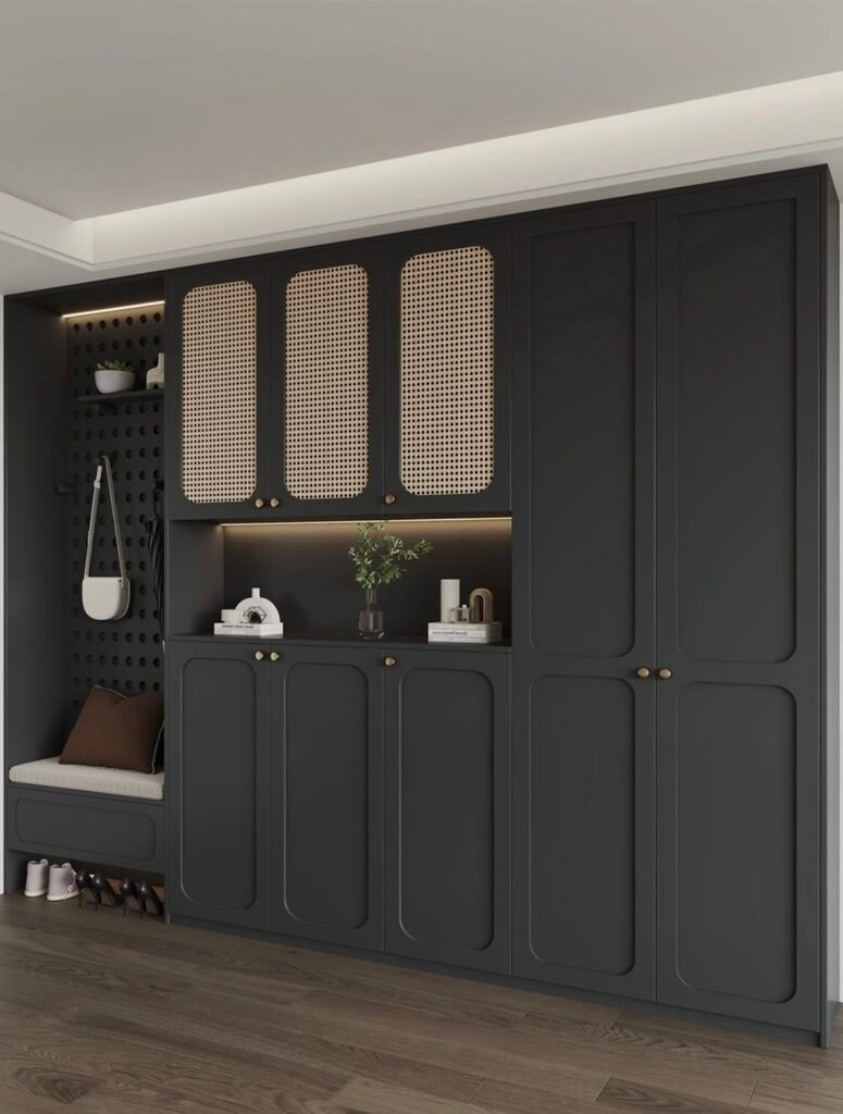 contemporary dark entryway cabinet with shoe storage