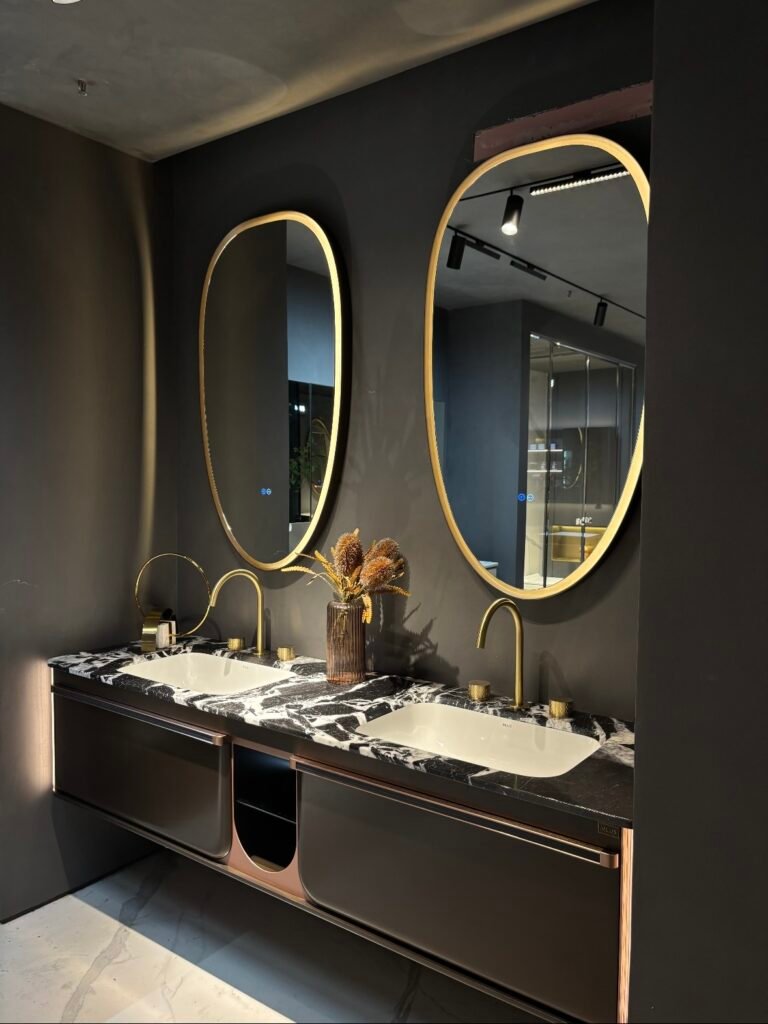contemporary double sink bathroom vanity with led mirror