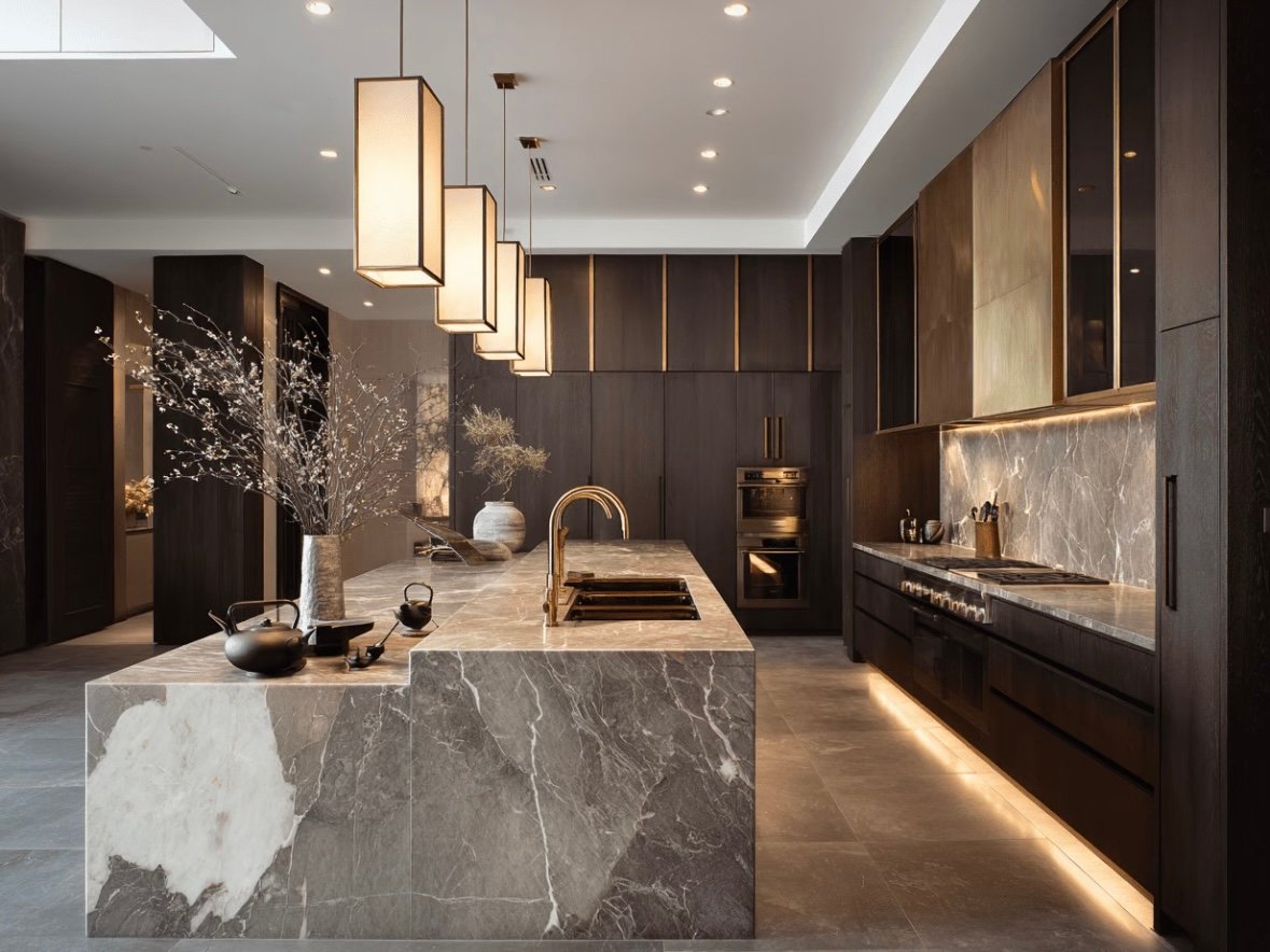 contemporary luxury kitchen with stone island
