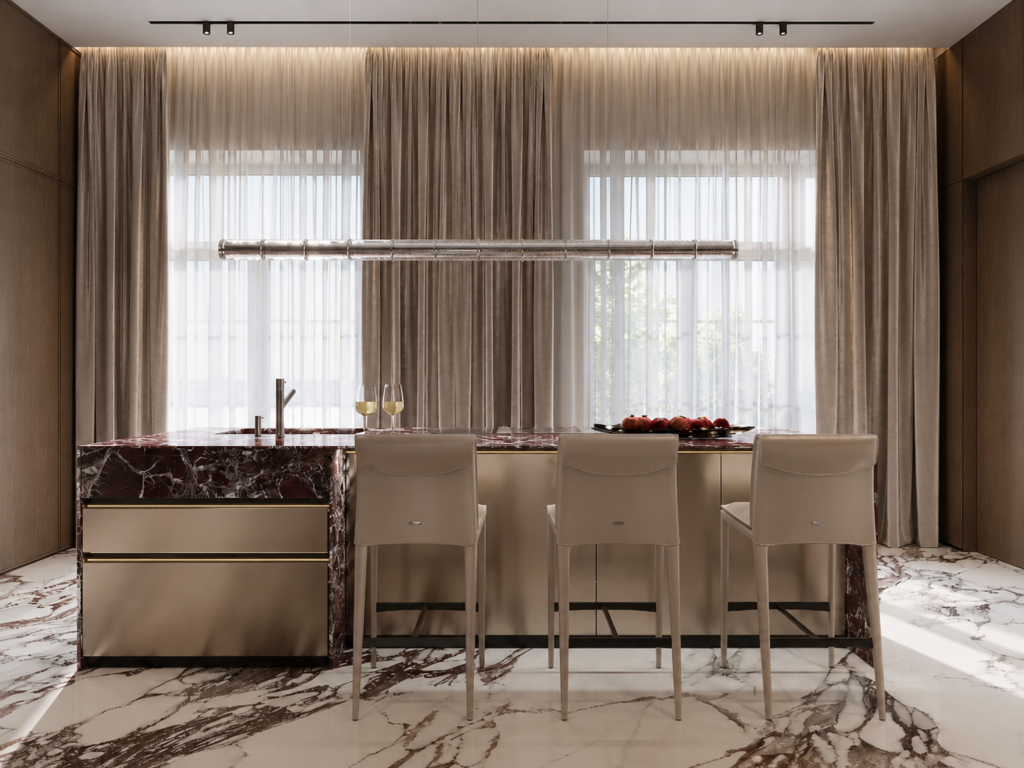 Modern dining cabinet design with seating.