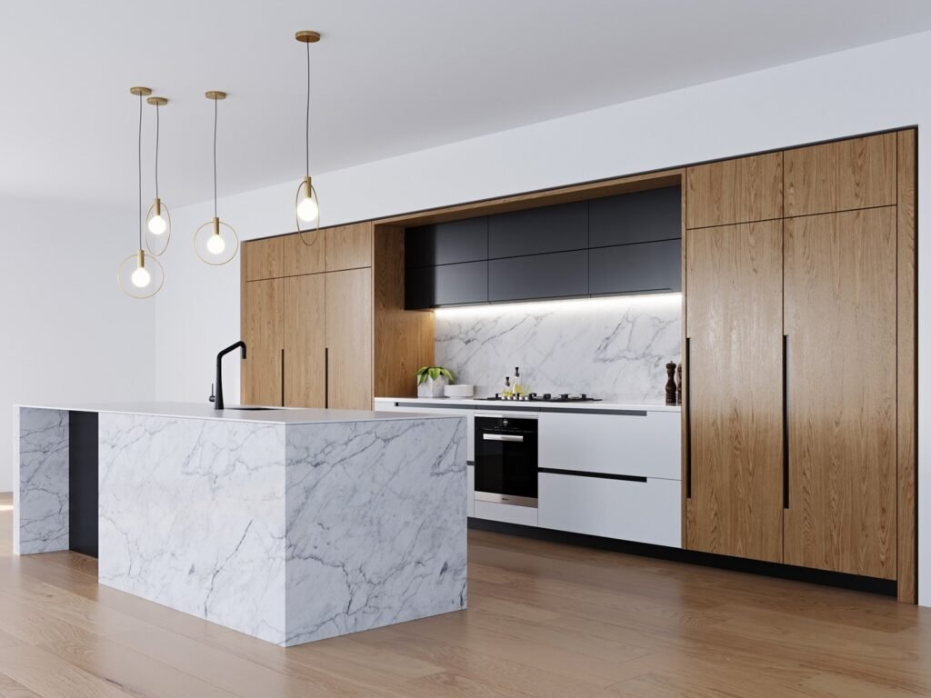 contemporary wood and white kitchen with marble island