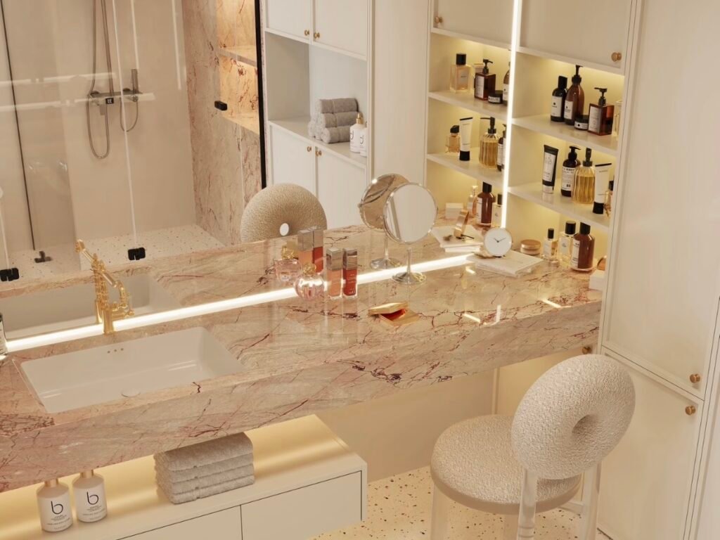 custom bathroom vanity with open shelving and glass shower