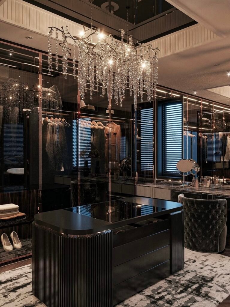 custom black walk in closet with island storage