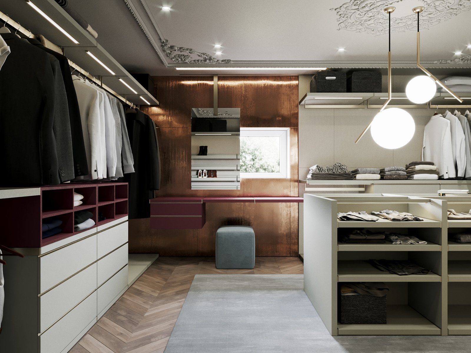 custom dressing room with island storage and makeup area