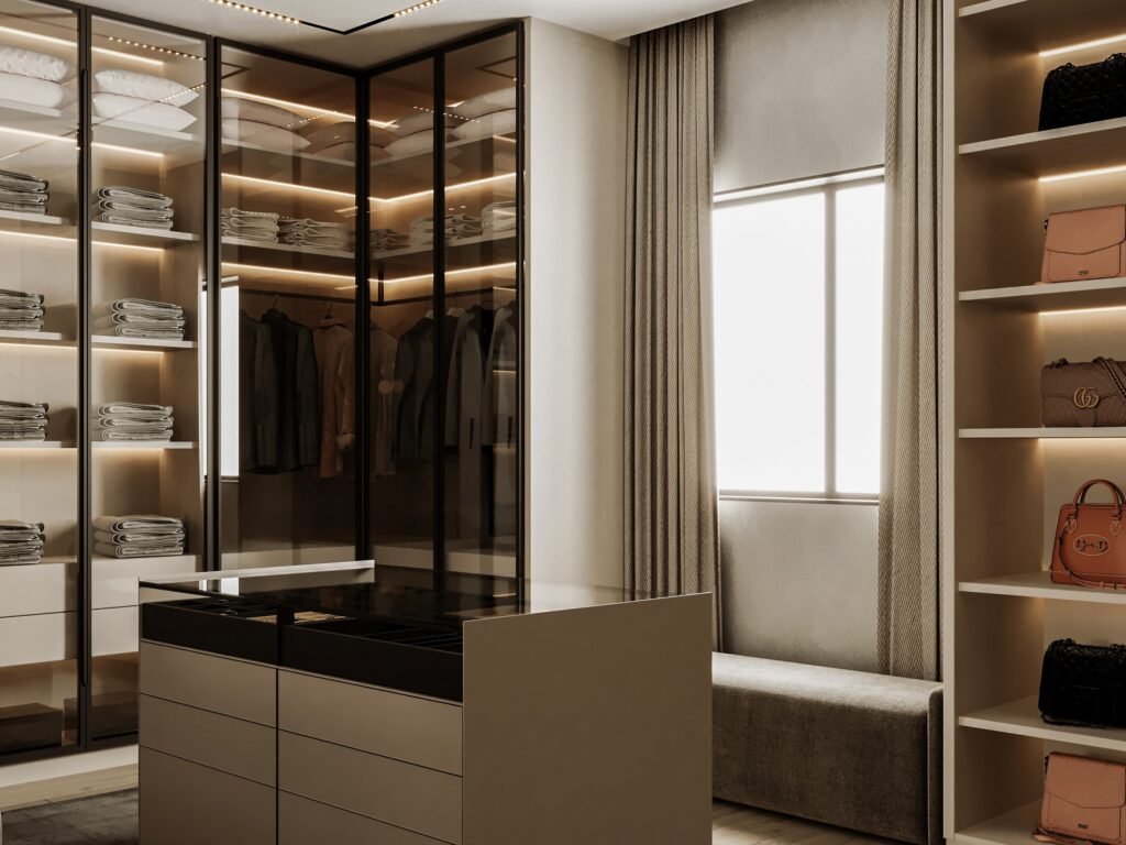custom glass door walk in wardrobe with open shelving and storage