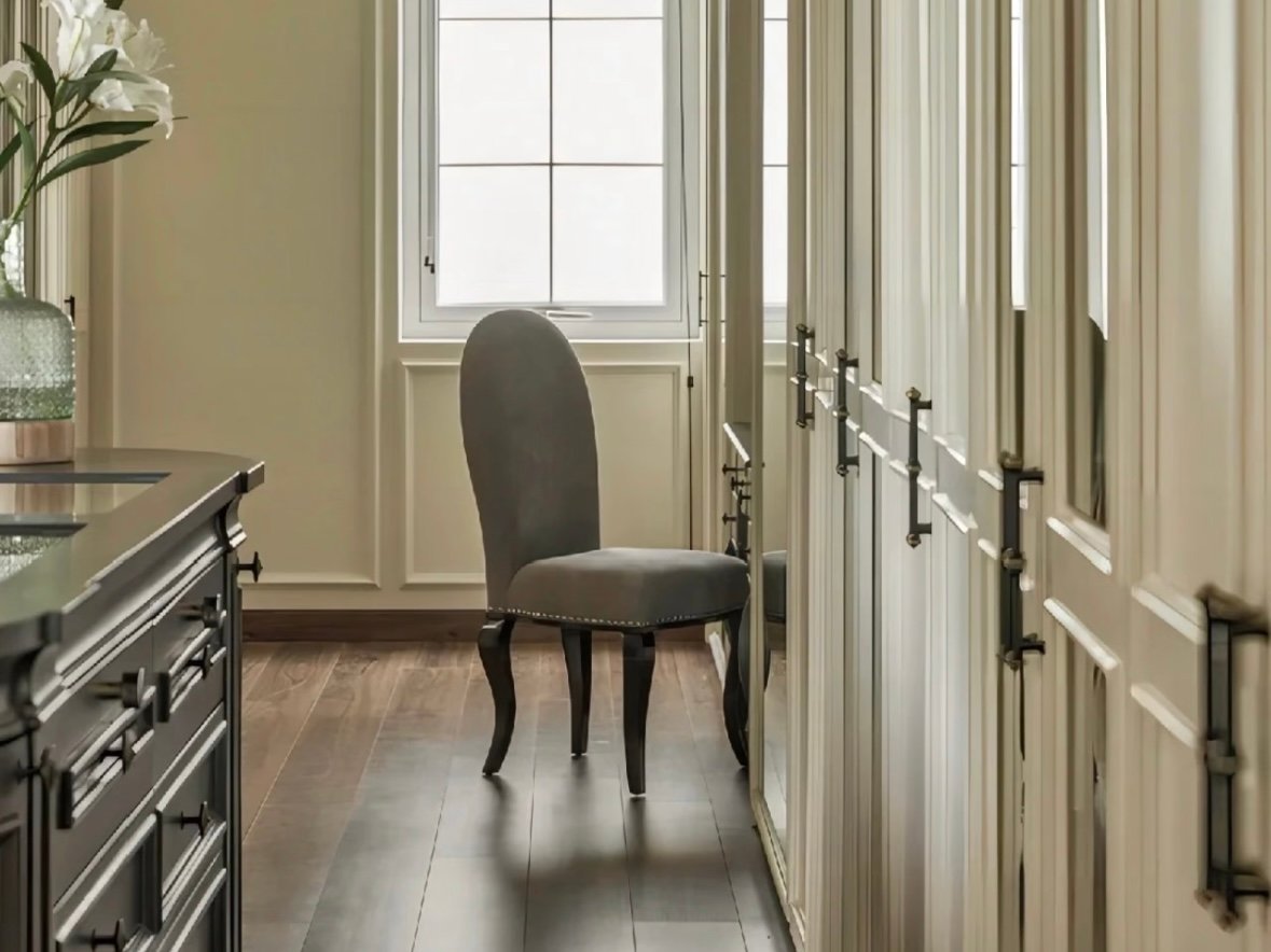 custom ivory wardrobe storage with vanity area