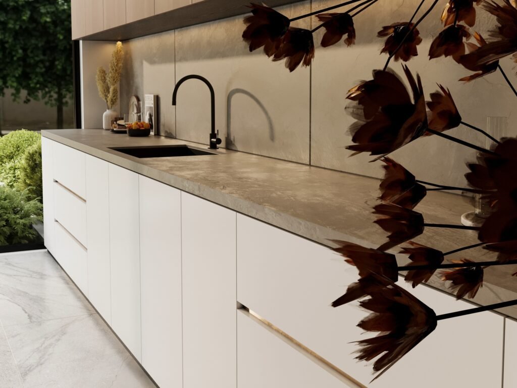 custom kitchen cabinet close up quartz countertop and integrated sink
