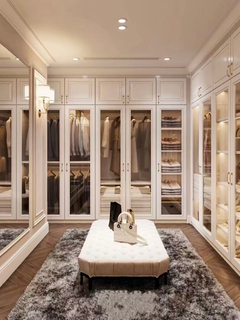 custom luxury walk in closet with display storage