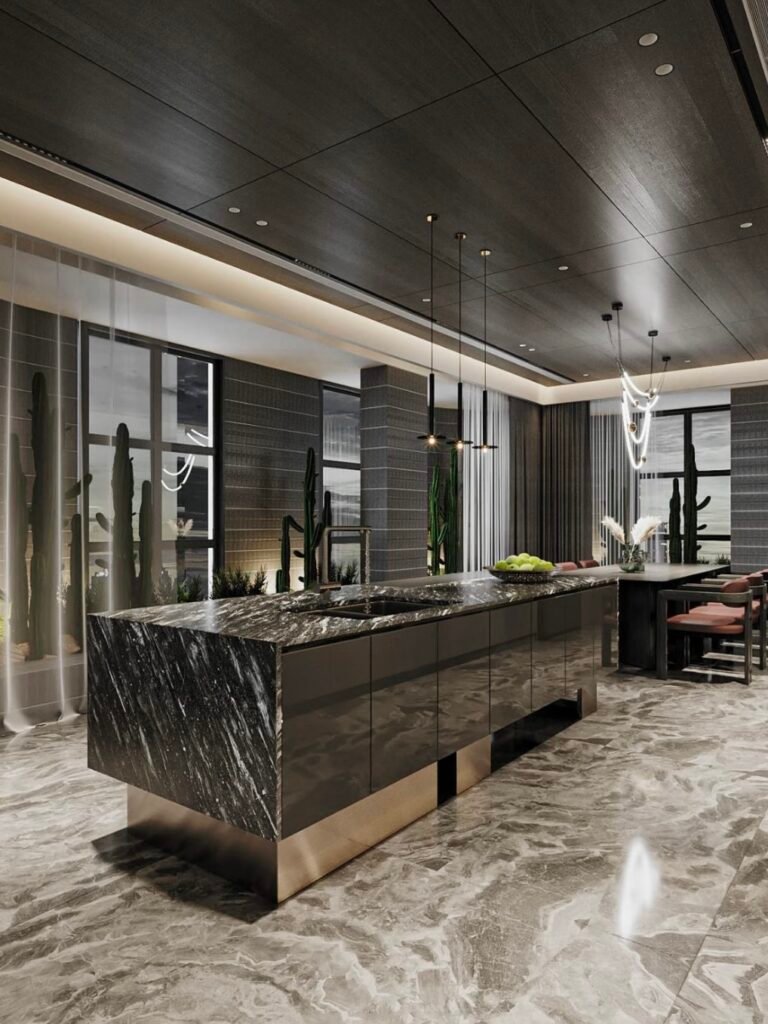 custom modern kitchen with dark marble countertop