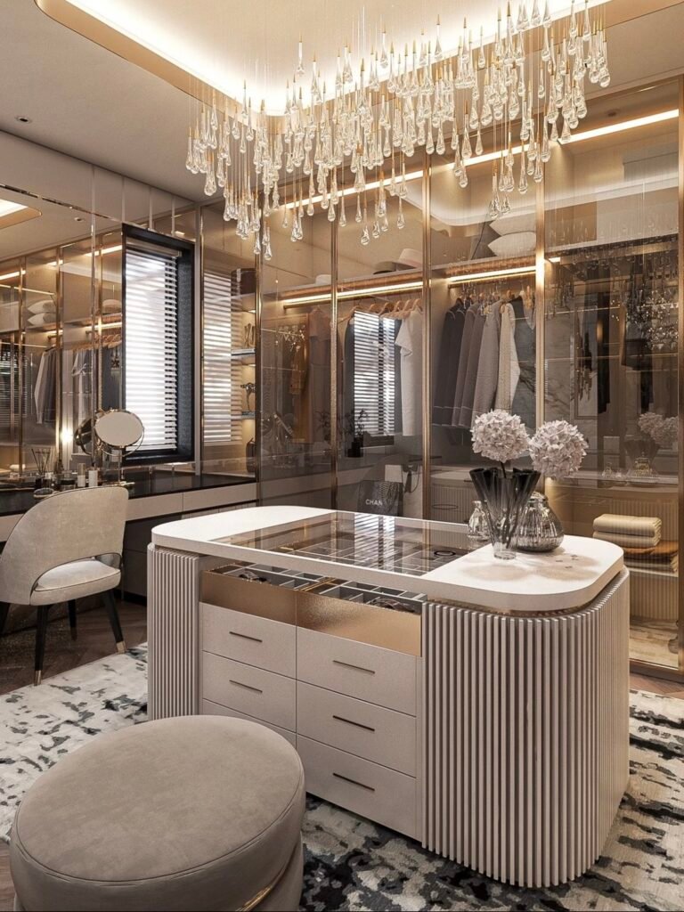 custom walk in closet island with led glass cabinets