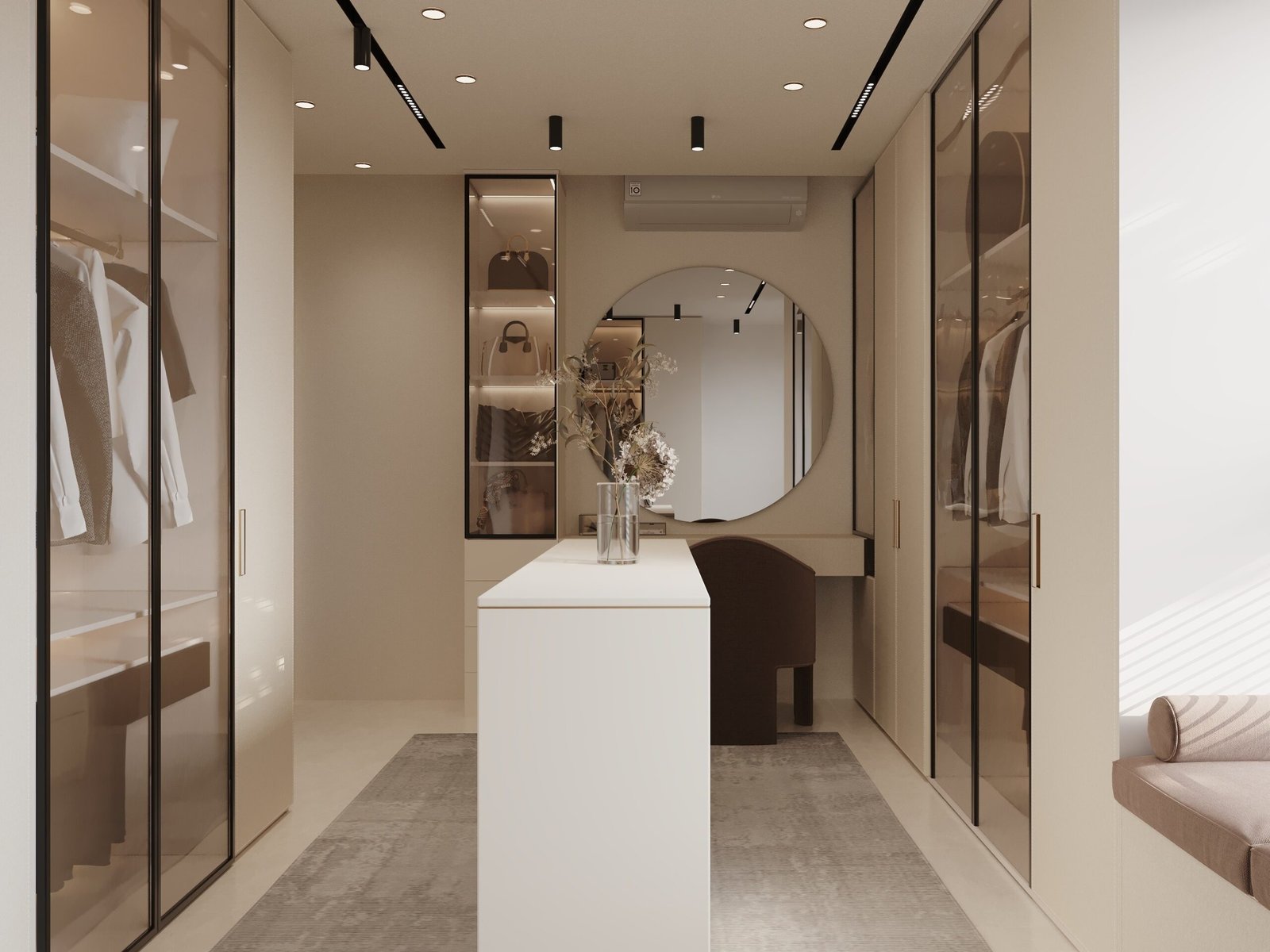 custom walk in closet with island cabinet and vanity area scaled