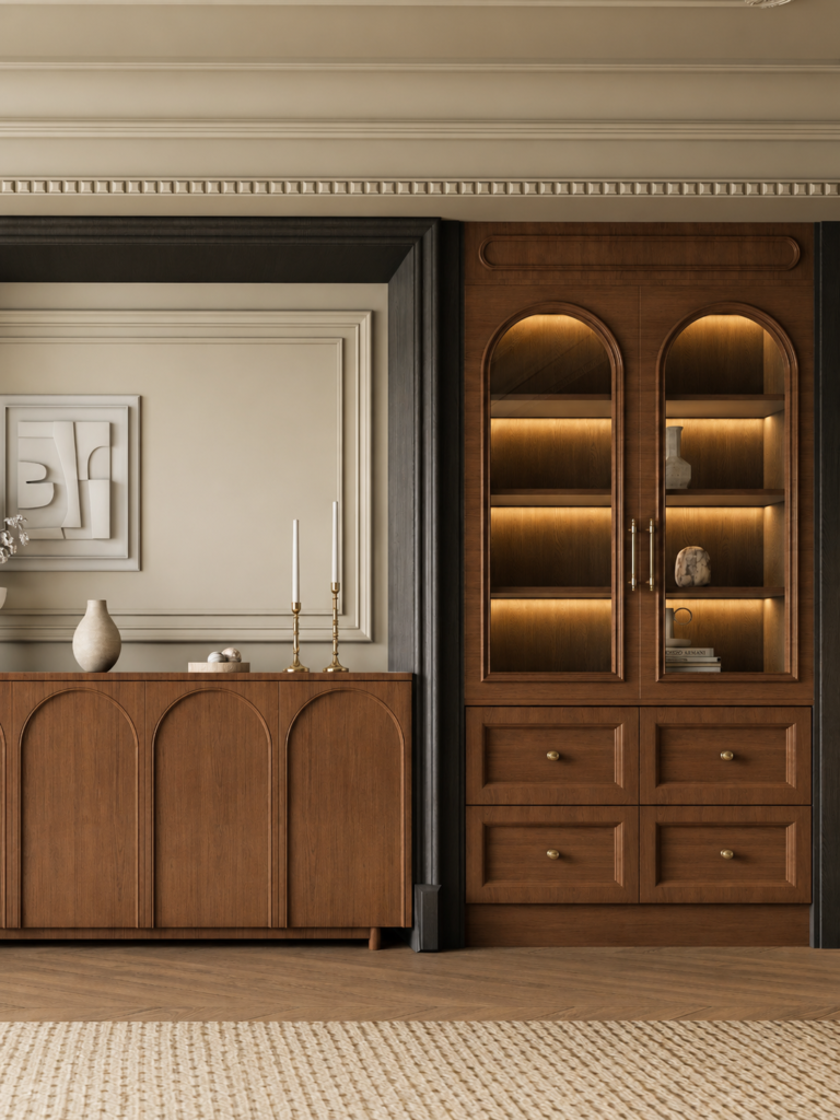 custom walnut storage cabinet with arched display design