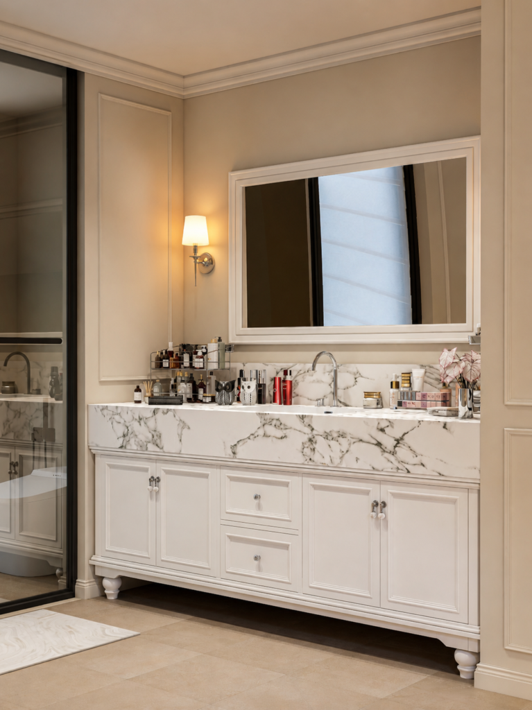 custom white bathroom vanity cabinet with marble finish