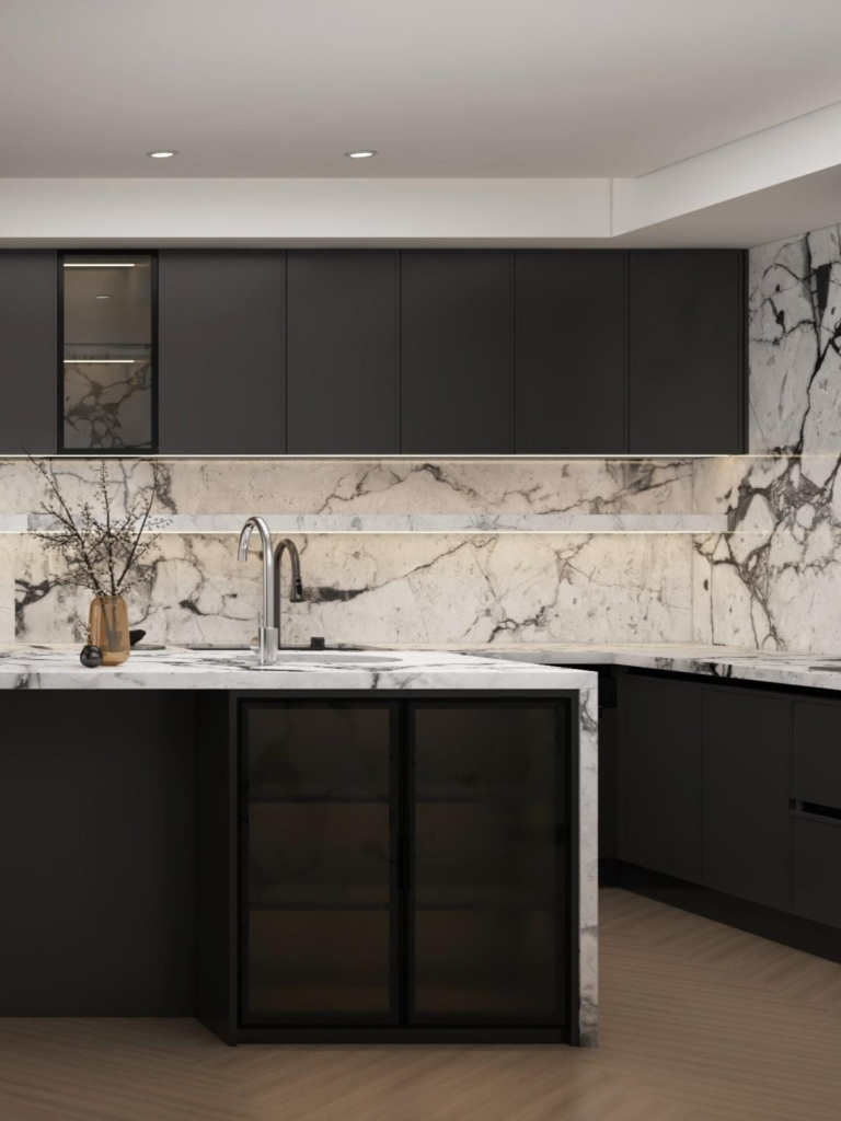 dark luxury kitchen cabinets island dining area 1