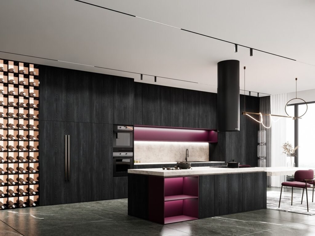 dark wood kitchen cabinets wine storage wall 1