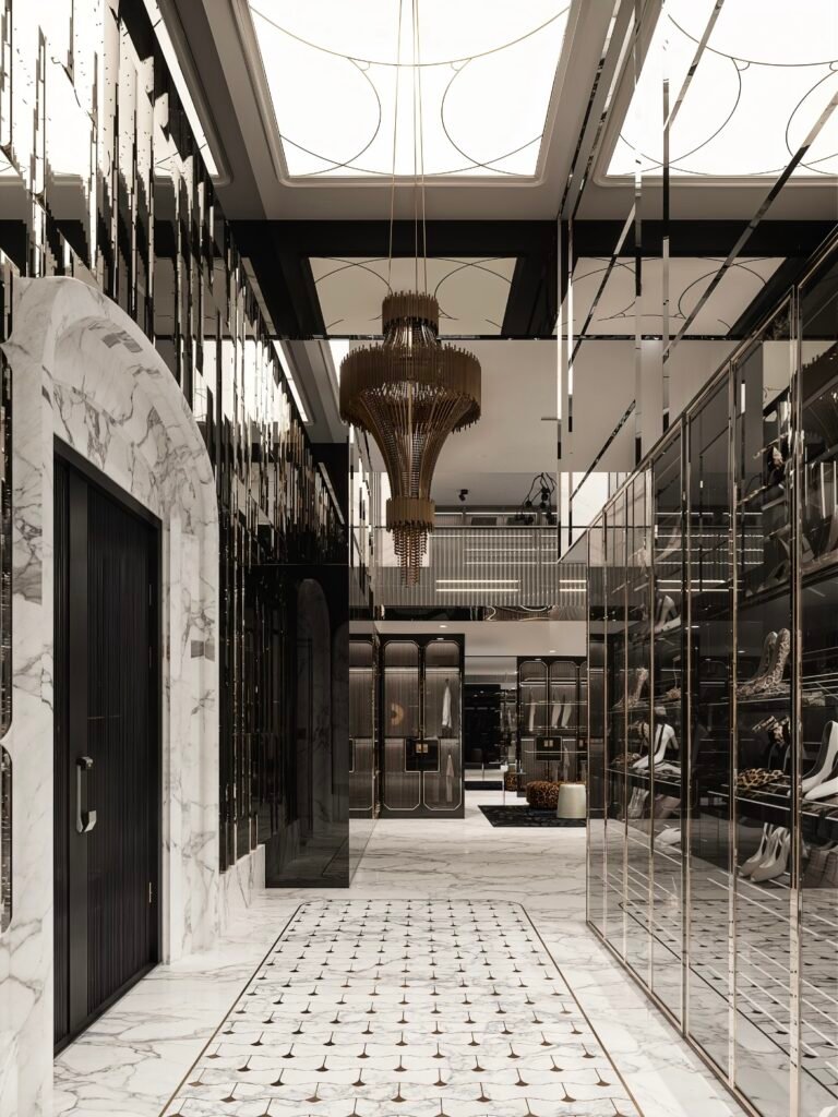 double height luxury walk in closet marble interior