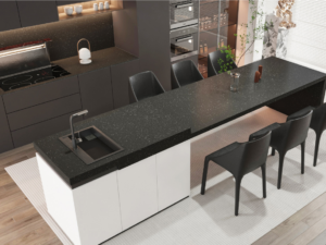 Black marble countertop kitchen bar seating