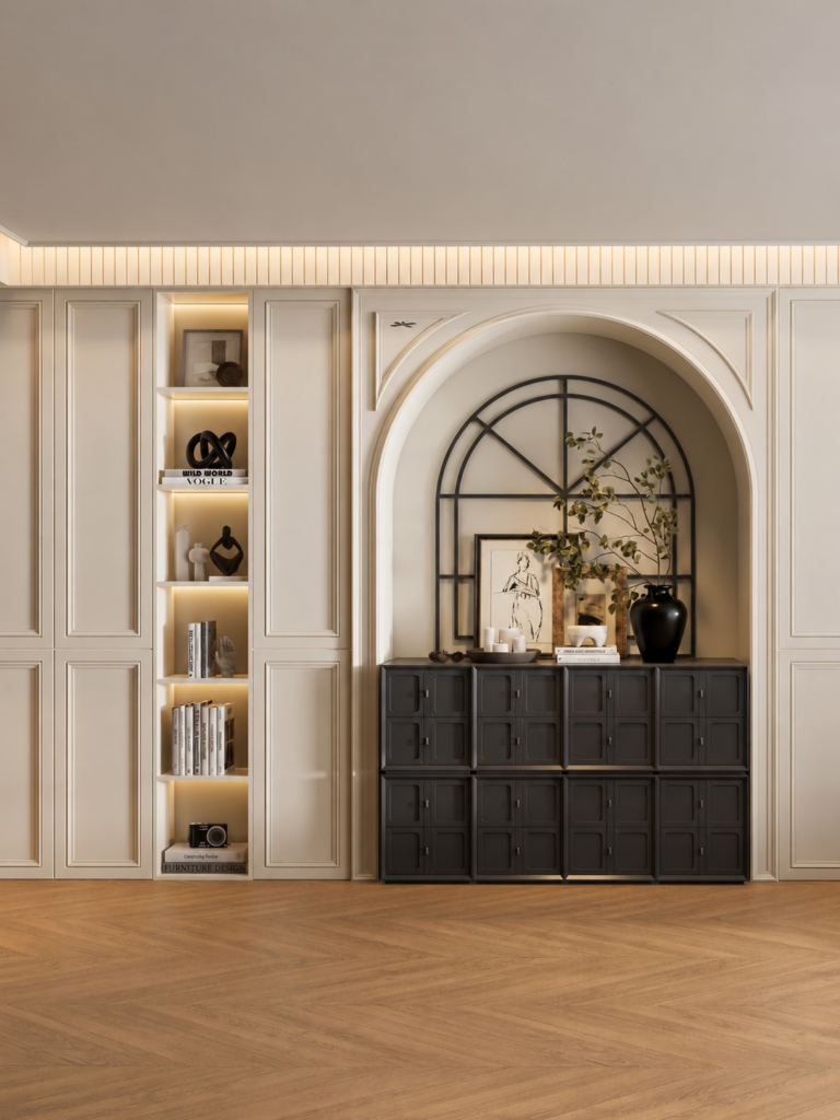 elegant arched wall cabinet with led display shelving