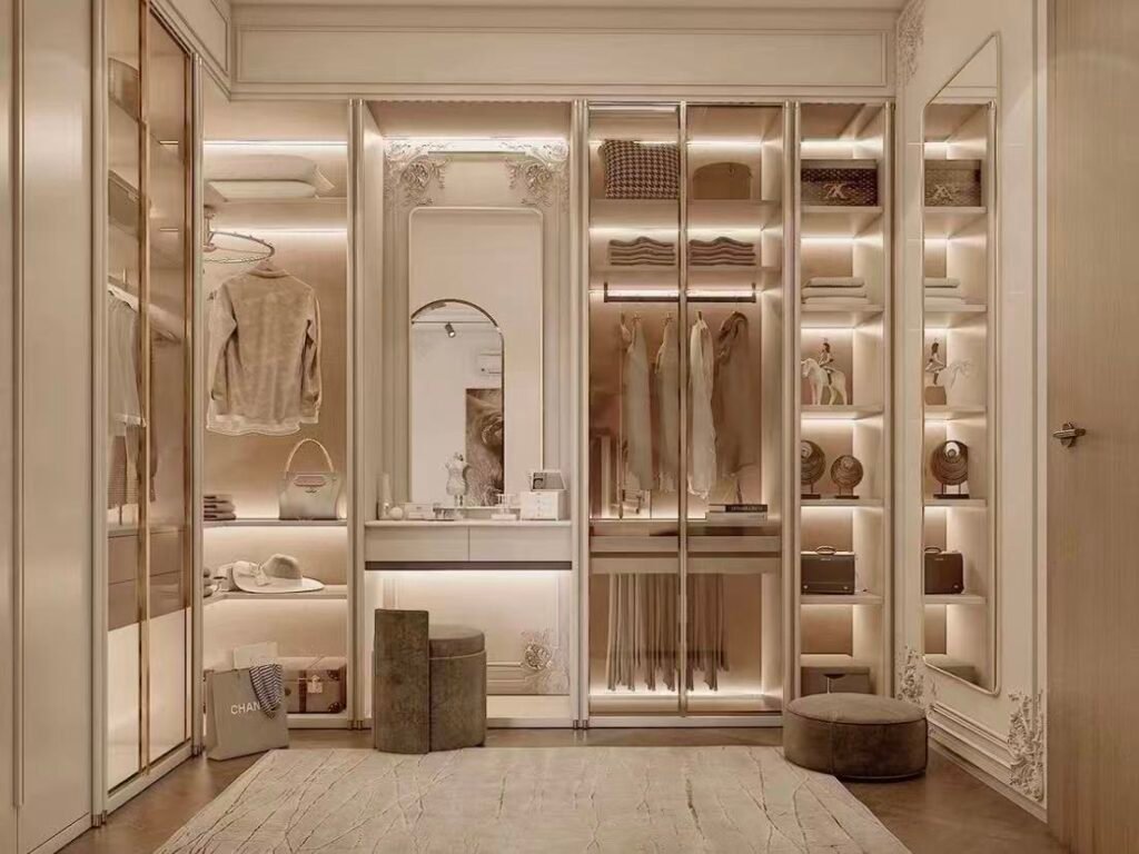 elegant custom walk in wardrobe with led lighting