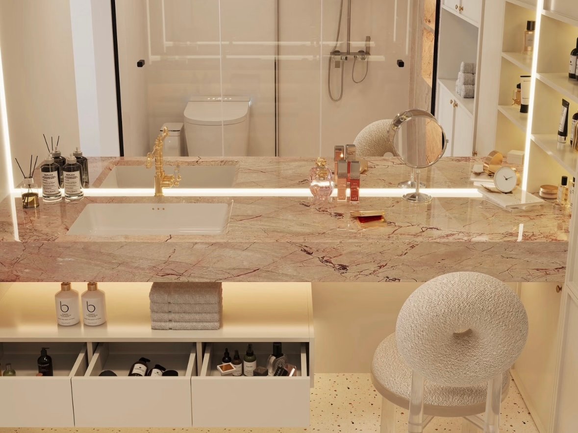floating bathroom vanity with marble top and storage drawers