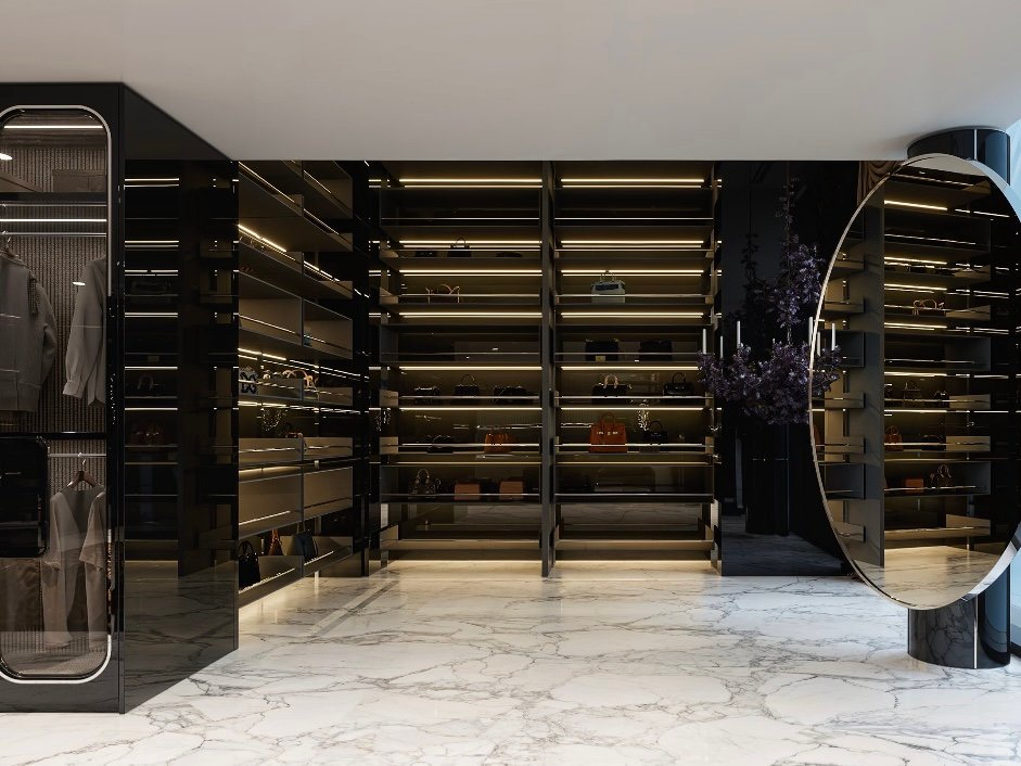 high end custom closet open shelving system