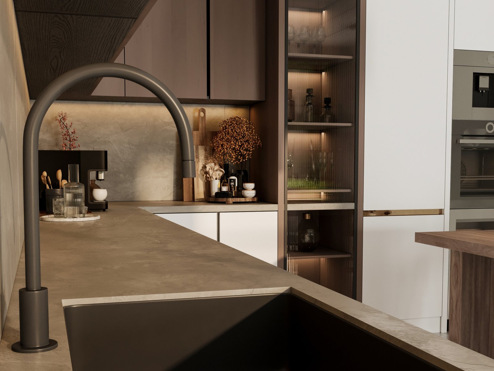 high end kitchen cabinet detail with built in appliances and storage