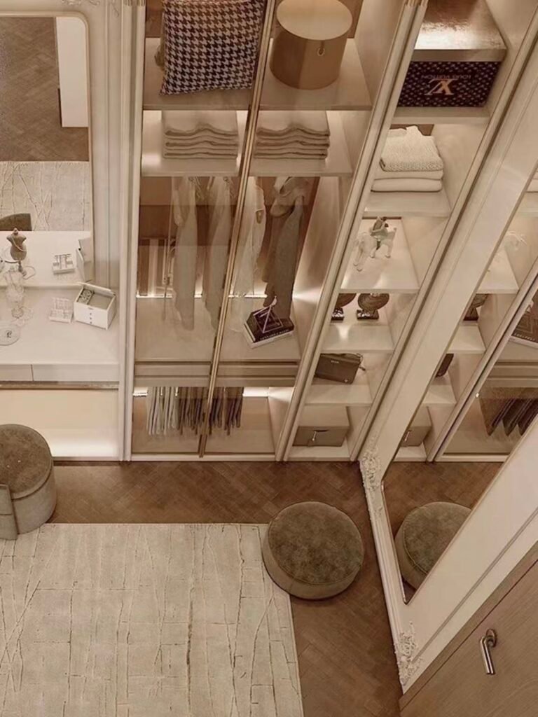 high end walk in closet with display shelves