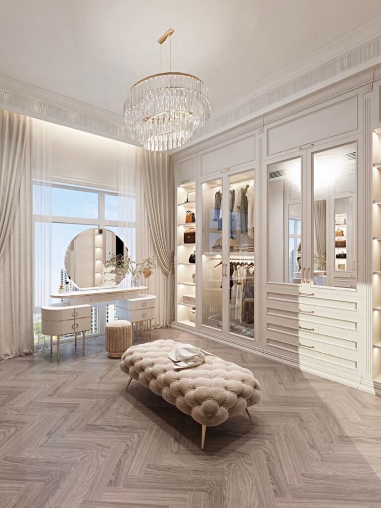high end walk in wardrobe with led lighting storage