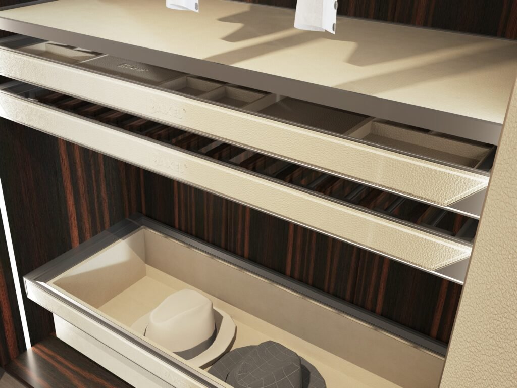 Walk in closet inside drawer storage dividers.