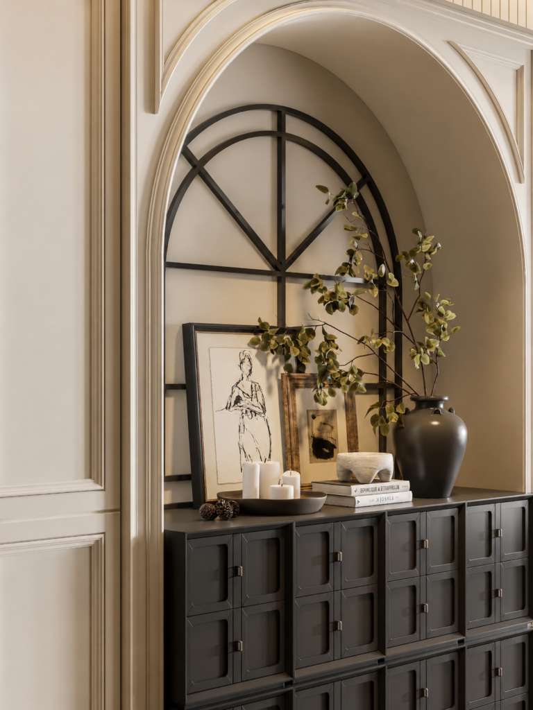 luxury arched display cabinet with black storage console