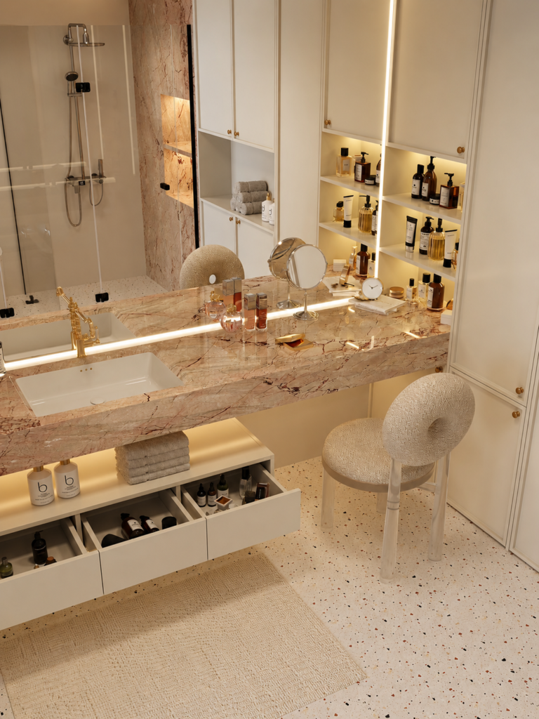 luxury bathroom makeup vanity with custom storage cabinet