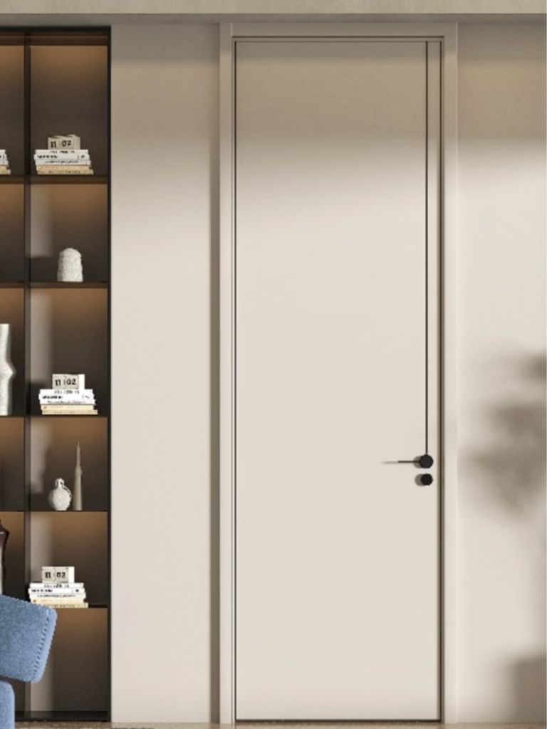 luxury beige flush door with concealed frame and black handle