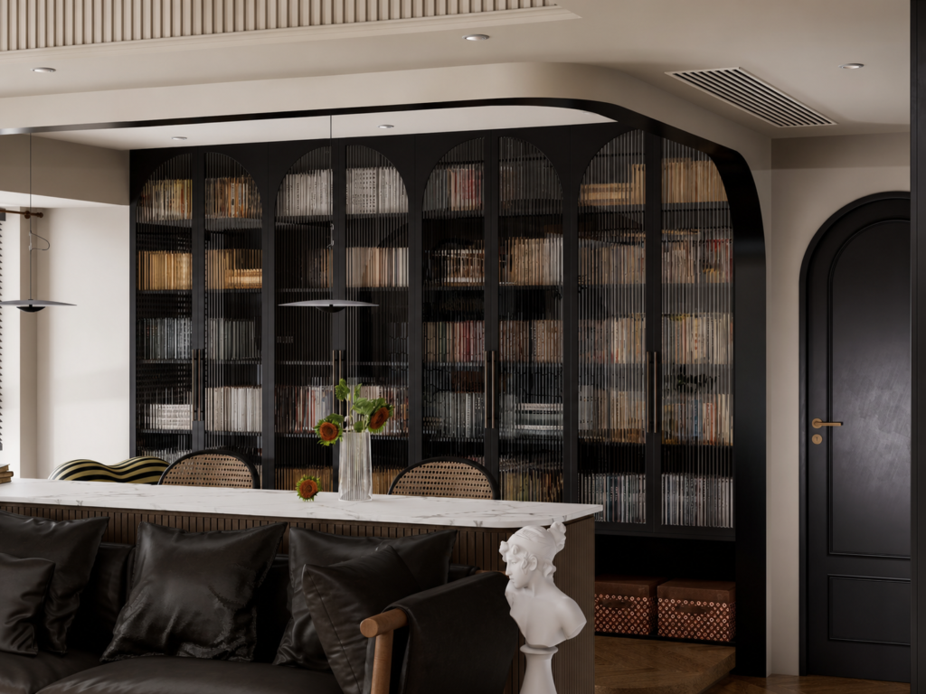 luxury black built in bookcase with fluted glass doors