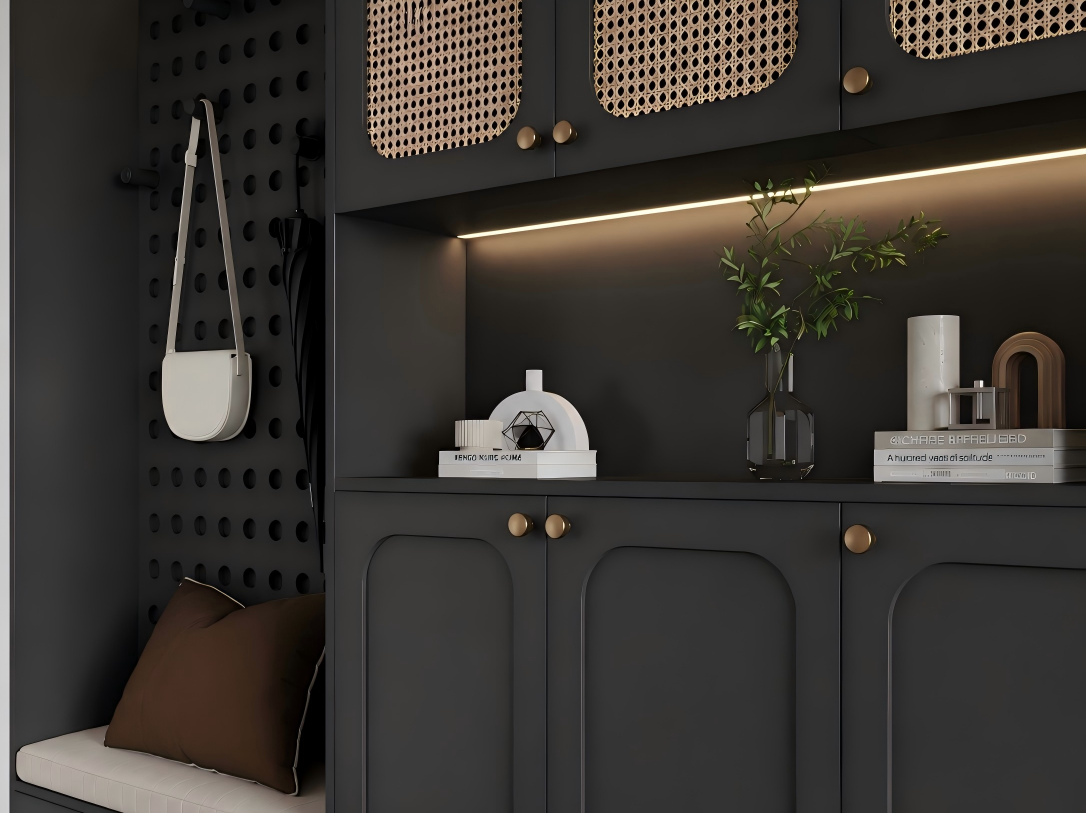luxury black entryway cabinet with open display storage
