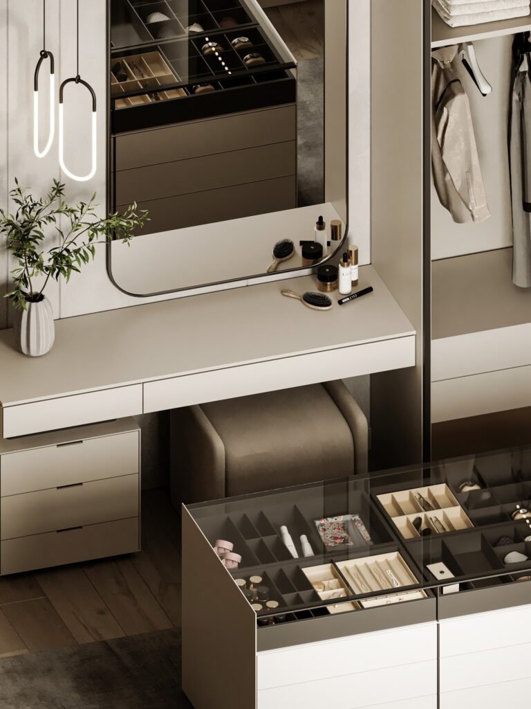 luxury closet vanity area with jewelry storage and led lighting