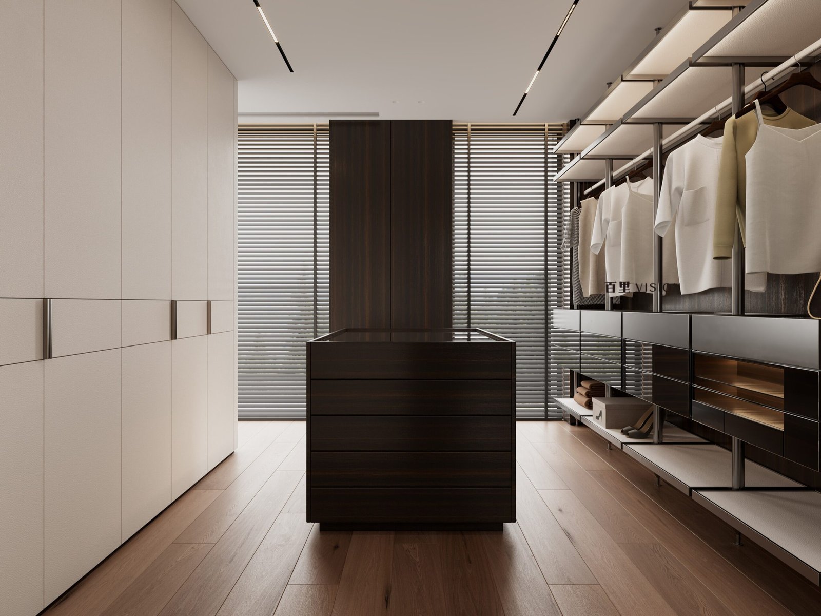 luxury custom closet with island drawer storage and led lighting scaled