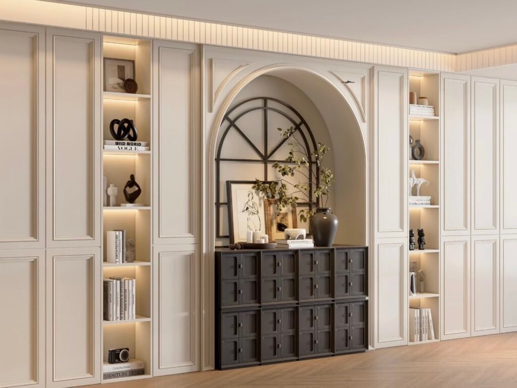 luxury custom wall unit with open display shelves and storage