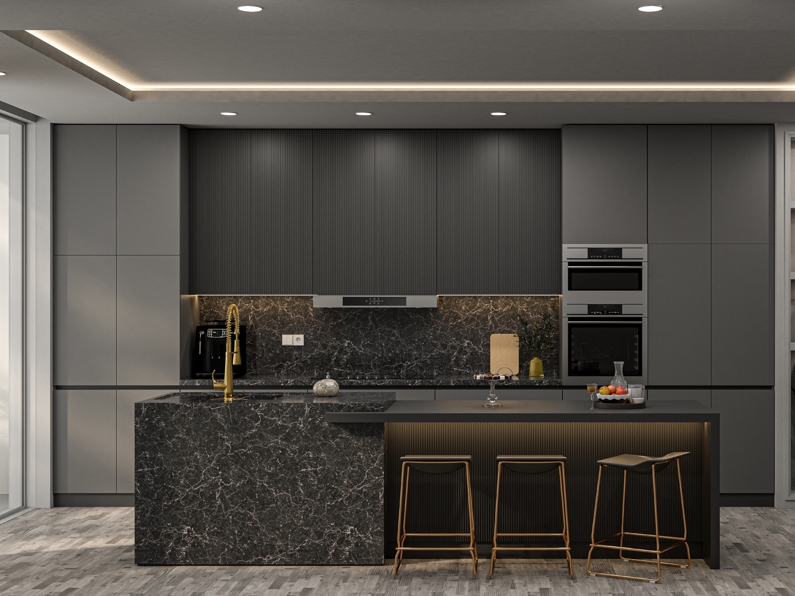 luxury dark modern kitchen cabinet with marble island scaled